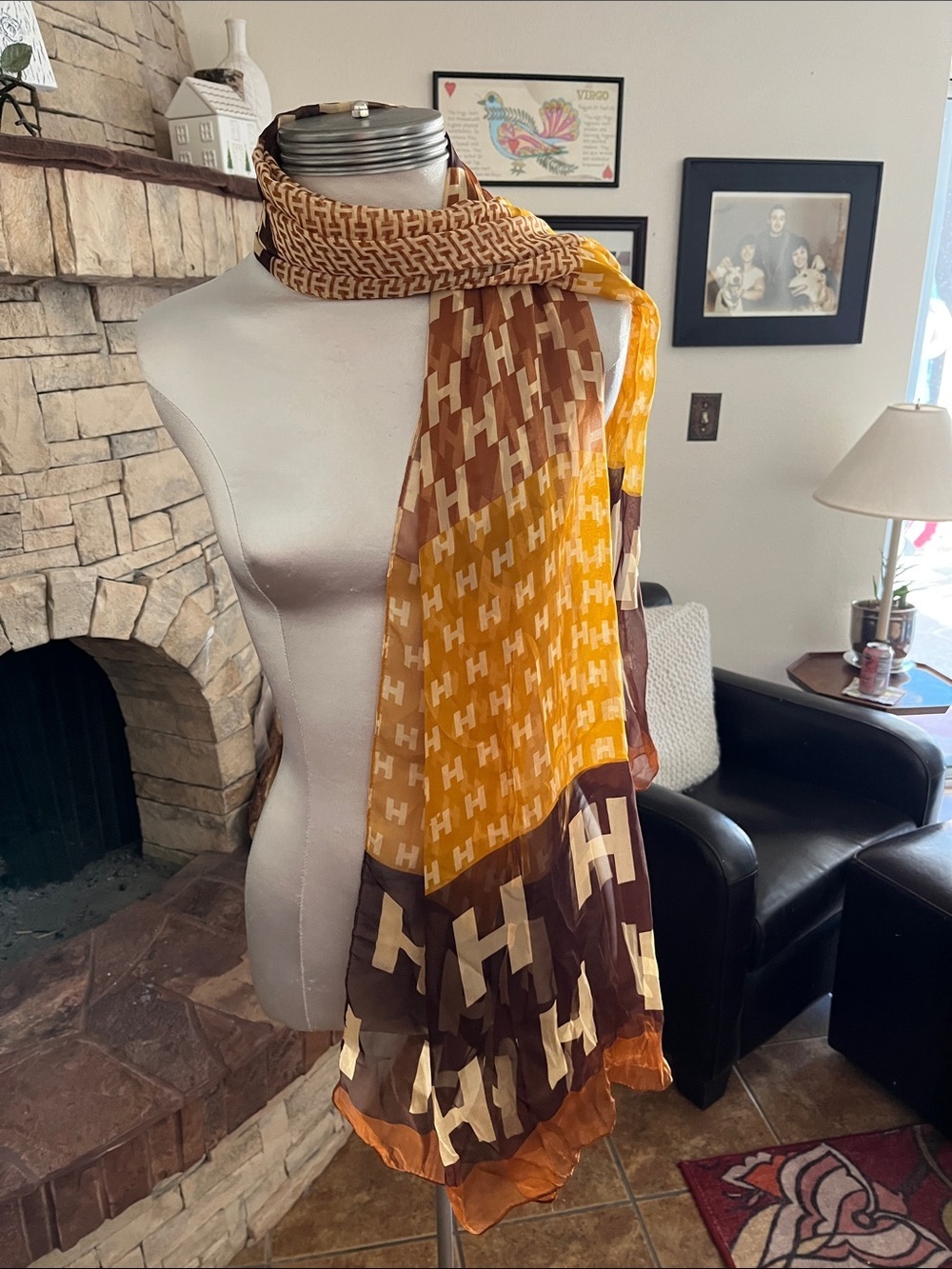 Stylish Gold and Brown Patterned Scarf - Lightweight Home Accent